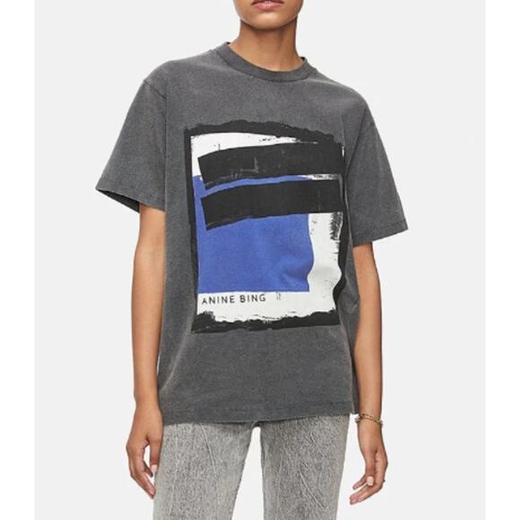 Anine Bing Womens Lili Tee Painting in Washed Black Short Sleeve Size Small - Picture 1 of 12